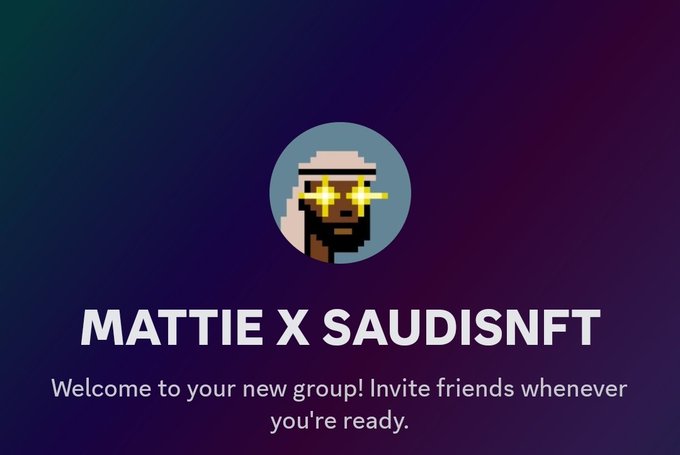 A promotional welcome image for "MATTIE X SAUDISNFT" featuring a pixel art character wearing glowing yellow cross-shaped sunglasses and a white headdress, displayed against a dark gradient background with a message inviting friends to join the new group. The image celebrates the Saudis NFT community collaboration mentioned in the post.