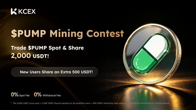 A promotional banner for a '$PUMP Mining Contest' by KCEX, offering 2,000 USDT prizes for trading $PUMP Spot & Share, with 0% Spot Fee and 0% Withdrawal Fee.