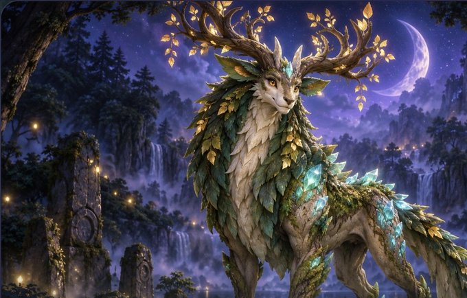 A fantasy digital artwork depicting a majestic forest creature with deer-like antlers, a wolf's face, and a body covered in green and blue crystalline scales standing in a magical forest with waterfalls and a crescent moon.