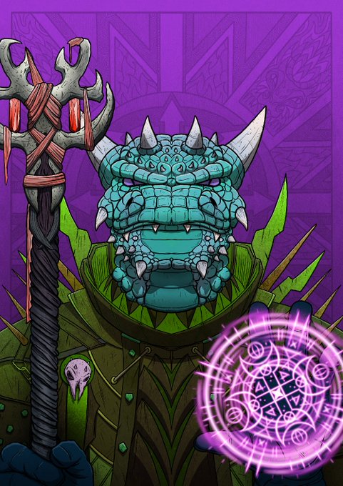 Fantasy artwork depicting a teal reptilian warrior with horns and green spiked armor holding a staff, with a glowing purple magical circle on a purple background.