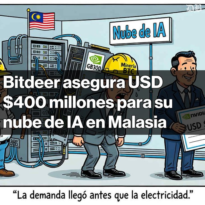 A cartoon illustration of stressed Bitcoin miners with a Malaysian flag, NVIDIA GB300 servers, and Spanish text reading 'Bitdeer asegura USD $400 millones para su nube de IA en Malasia' and 'Nube de IA,' with the caption 'La demanda llegó antes que la electricidad.'