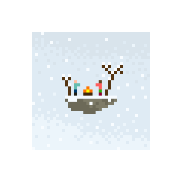 A pixel art image depicting a brown platform with three tiny colorful figures and bare trees against a snowy white background, representing a miniature 39x39 pixel SVG artwork from the "Micro Clods" series on the blockchain.