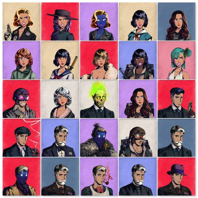 Grid of 25 illustrated character portraits with varied hair colors, weapons, and outfits on colorful square backgrounds, appearing to be avatars or NFT-style art.