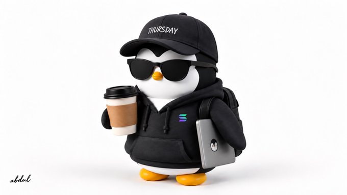 A 3D rendered penguin character wearing a black hoodie, sunglasses, a backpack, and a cap reading 'THURSDAY,' holding a coffee cup and a laptop.