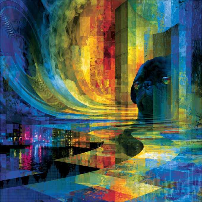A vibrant, abstract digital artwork featuring a black dog head on the right side, set against a colorful, textured background with blues, yellows, and reds, and reflecting on a wet, mirror-like surface below.