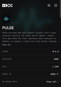 Screenshot of the OKX Pulse app page showing a 5.0 star rating, 100% positive feedback, 1.34K sales, and Agent ID 8355.