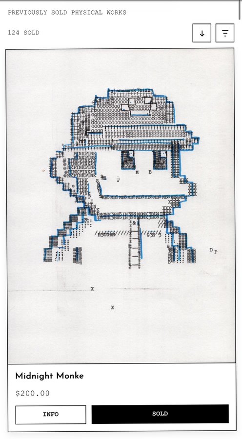 An online listing for a previously sold physical NFT artwork titled 'Midnight Monke' priced at $200.00, showing a pixelated ASCII-art style monkey portrait on canvas.