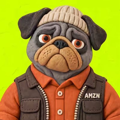 A 3D-rendered illustration depicts a pug character wearing a beige beanie and a brown vest labeled "AMZN" over an orange shirt, set against a bright green background.