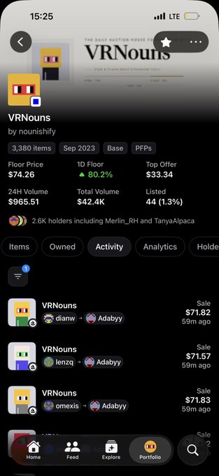 A mobile screenshot showing an NFT collection called "VRNouns by nounishfy" on a marketplace, displaying stats like 3,380 items, floor price of $74.26, and recent sale activity around $71.57-$71.83.