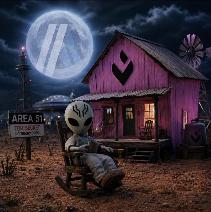 Surreal scene of an alien sitting in a rocking chair outside a pink house at night, with "AREA 51 TOP SECRET NO TRESPASSING" sign and a large moon in the background.