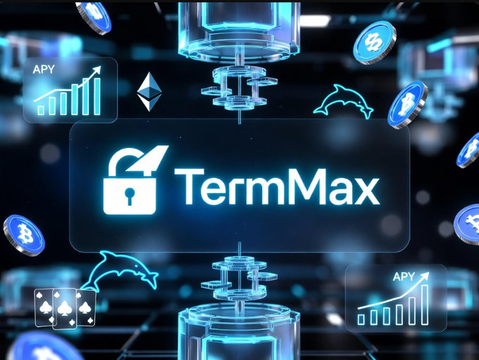 The image features a futuristic blue digital display highlighting "TermMax" with an unlocked padlock icon, flanked by APY growth charts and cryptocurrency symbols including Bitcoin and Ethereum, along with dolphin graphics and card suits. It visually reinforces the tweet's message about TermMaxFi's flexible fixed-rate DeFi approach and engaging activities like the Alpha Pick League.