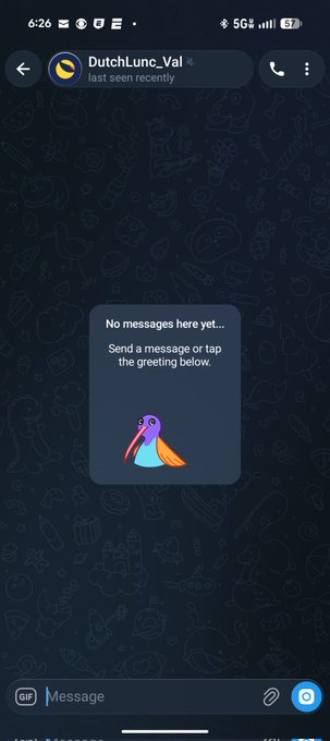 A Telegram chat interface with a user named 'DutchLunc_Val' showing 'No messages here yet...' with a ghost-like sticker in the center.