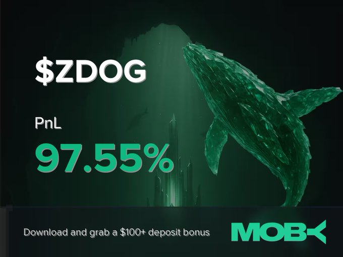 A promotional graphic for Moby Mobile featuring a green whale silhouette against a dark underwater backdrop, advertising a $ZDOG trade win with a PnL of 97.55% and offering a $100+ deposit bonus. The image visually reinforces the post's win alert by highlighting the impressive +97.55% return on the $ZDOG position.