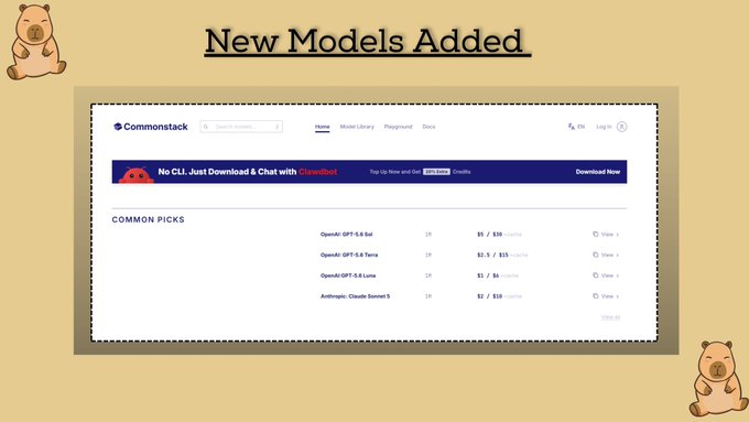 A slide titled 'New Models Added' showing a screenshot of the Commonstack website with a list of new AI models including OpenAI GPT-5.0 variants and Anthropic Claude Sonnet 5.