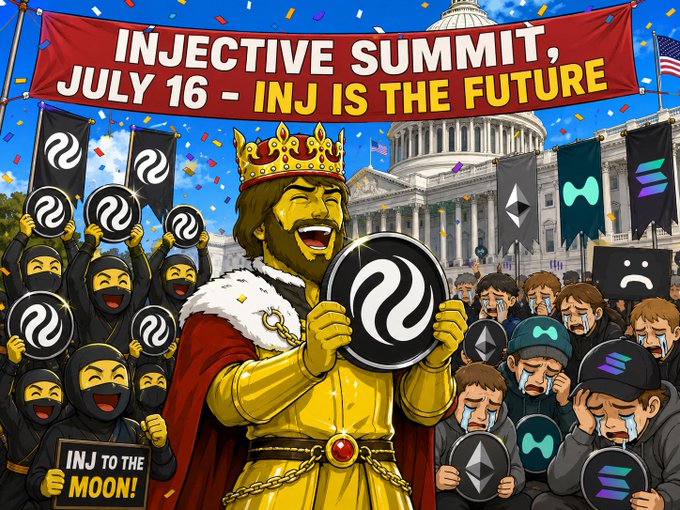 Cartoon-style illustration promoting 'INJECTIVE SUMMIT, JULY 16 - INJ IS THE FUTURE,' depicting a golden king figure holding the INJ coin in front of the U.S. Capitol, with masked fans holding INJ and other crypto banners.