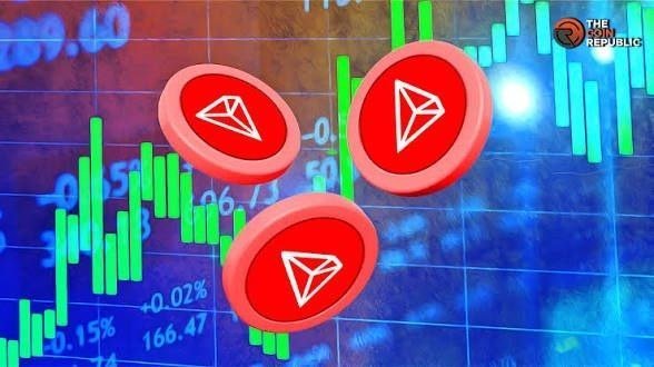 Three red TRON (TRX) cryptocurrency coin icons floating over a green stock market candlestick chart.