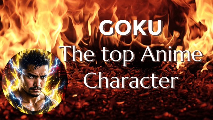 "Goku", which means "hero" in Japanese, is a character from the anime Goku. He is depicted as a muscular man with a serious expression, wearing a black shirt and holding a sword. The background of the image shows a fiery explosion or fire, creating an intense atmosphere that matches the character's persona.
