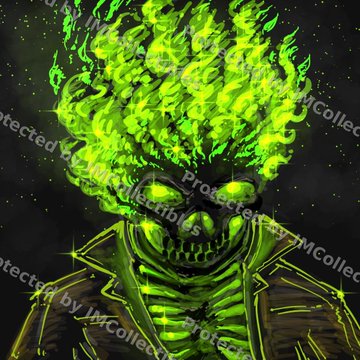 A dark illustration features a skeletal figure with a flaming green skull, wearing a jacket with yellow-green glowing accents. The image is overlaid with 'Protected by JMCollectibles' watermarks.