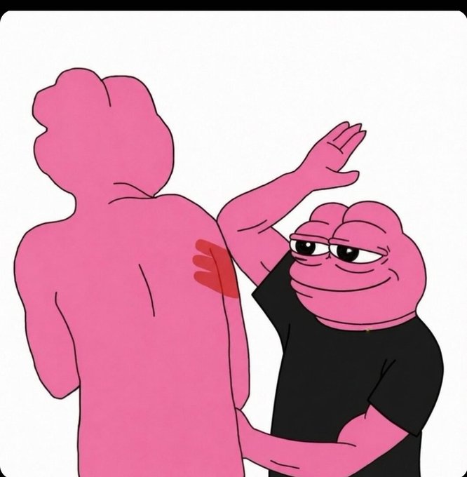 A cartoon drawing of two pink figures, with the back-facing one having a red handprint on its shoulder while the other figure in a black shirt gestures toward it.