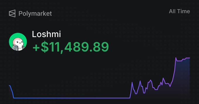 A Polymarket leaderboard showing user 'Loshmi' with all-time gains of +$11,489.89 displayed alongside a purple and blue performance chart.