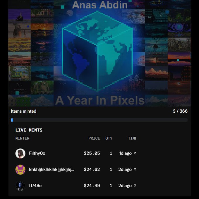A webpage for 'Anas Abdin - A Year In Pixels' NFT collection, showing items minted at 3/366 and a live mints list featuring users Filthy0x ($25.05), khkhlj... ($24.62), and ff748e ($24.49).