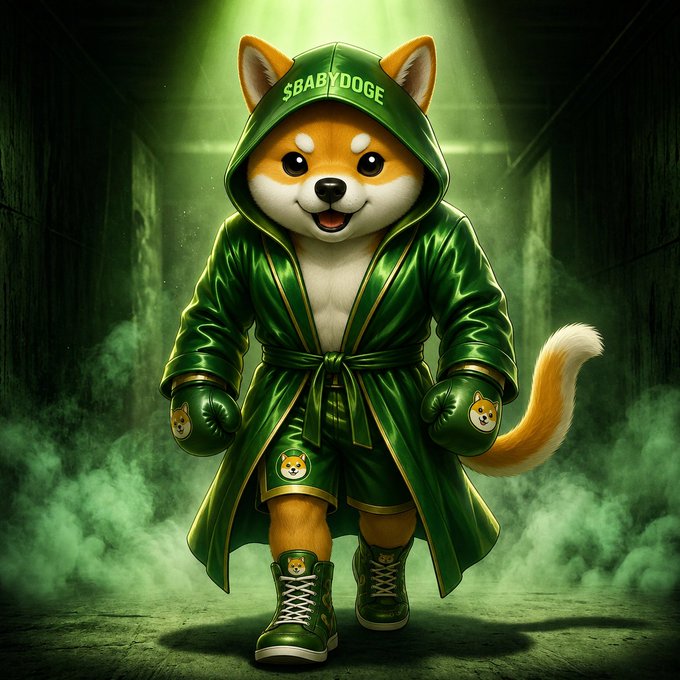A determined Shiba Inu dressed in a green hooded boxing robe and gloves stands ready in a misty arena, with "BABYDOGE" emblazoned across its hood and small doge logos on its shorts—perfectly embodying the post's rallying cry that "no days off" until $BABYDOGE hits a $10 billion market cap.