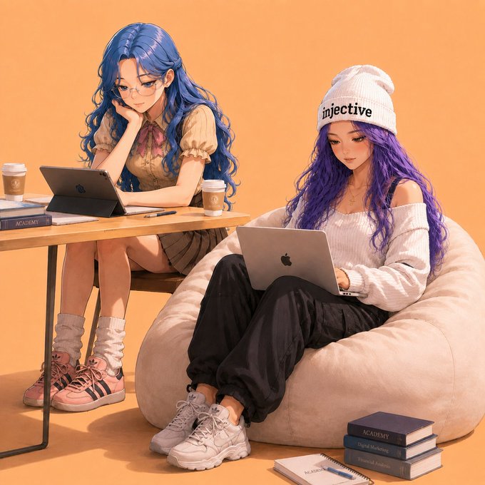 Two anime-style girls—one with long blue hair sitting at a desk with a tablet, the other with purple hair lounging on a beanbag wearing a white beanie labeled "injective"—work on laptops and devices alongside books marked "ACADEMY" and "Digital Marketing," visually tying the image to the post's teaser about upcoming alpha for $INJ creators.