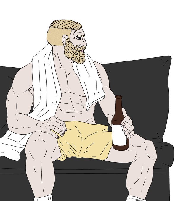 A drawing of a muscular, bearded blond man in yellow shorts sitting on a black couch with a white towel over his shoulder, holding a bottle of beer.