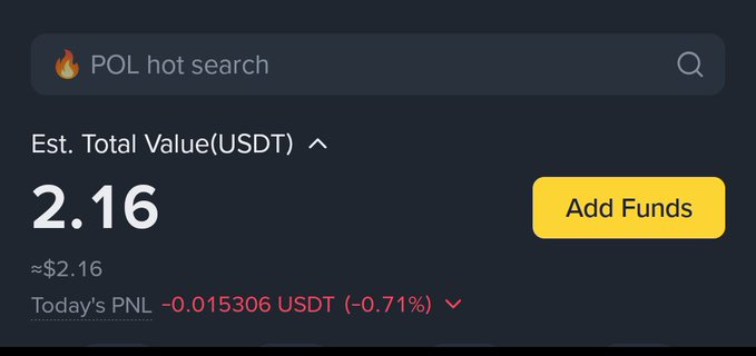 A dark-themed trading interface screenshot showing a 'POL hot search' section with an estimated total value of 2.16 USDT, today's PNL of -0.015306 USDT (-0.71%), and an 'Add Funds' button.