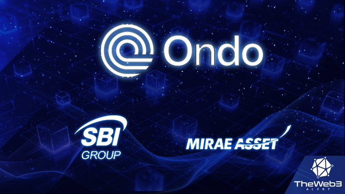 The image displays the Ondo logo alongside the SBI Group and Mirae Asset logos against a blue digital backdrop, visually representing Ondo Finance's Global Markets partnership with these two major Asian financial institutions—SBI Group (Japan) and Mirae Asset (South Korea)—to expand tokenized real-world assets into Asia.
