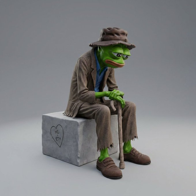 The image features a 3D rendering of an older man sitting on a stone block, wearing a hat and holding a cane. There are also some words written below the figure that read "The Giving ETH has taken 3D form." This suggests that the artist who created this digital illustration is inspired by the concept of giving back to society or making a positive impact in the world through their work.