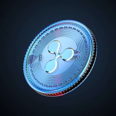 A stylized 3D rendering of a glowing blue cryptocurrency coin featuring the XRP/Ripple logo against a dark background.