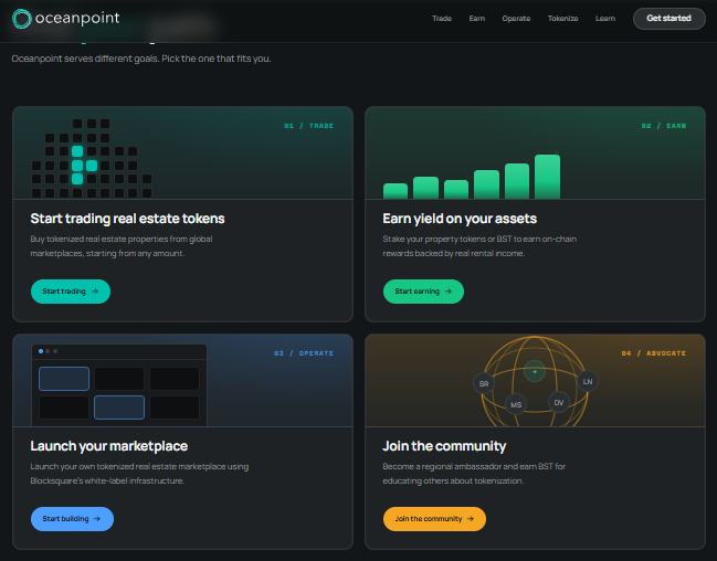 A screenshot of the Oceanpoint website showing four feature cards: 'Start trading real estate tokens' (Trade), 'Earn yield on your assets' (Earn), 'Launch your marketplace' (Operate), and 'Join the community' (Advocate).