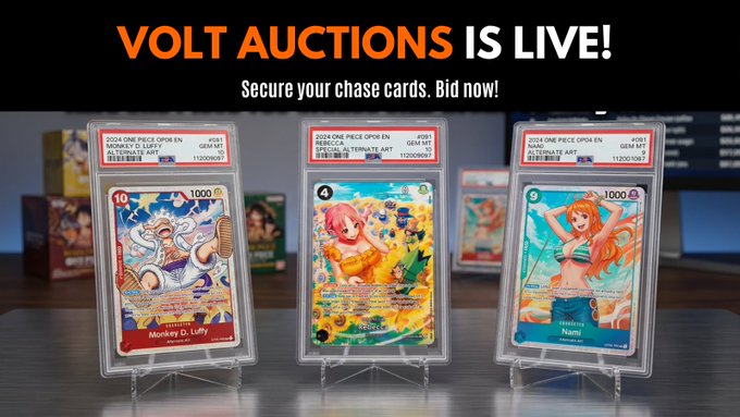 The image features three different Pokemon cards displayed on stands against a gray background, with text overlaying them that reads "Volts Auctions IS LIVE! Secure your chase cards. Bid now!". The cards are arranged in a row, showcasing their unique designs and colors. The overall scene suggests an auction event for these collectible items, where collectors can bid on the cards they desire to add to their collection.