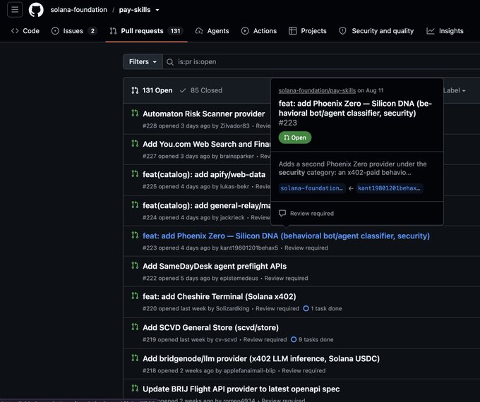GitHub repository page for solana-foundation/pay-skills showing the Pull Requests tab with 131 open PRs, including 'feat: add Phoenix Zero — Silicon DNA (behavioral bot/agent classifier, security) #223'.