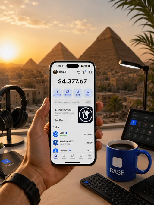 A person holding a smartphone displaying the Base app with a balance of $4,377.67, set against a backdrop of the Egyptian pyramids at sunset, with a 'BASE' branded mug nearby.