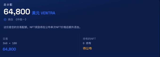 The image displays an airdrop allocation of 64,800 VENTRA tokens from a collection called "仲裁一" (Arbitration One), based on 360 trades across 180 different NFTs, though the NFTs are still pending distribution. This relates to the VENTRA airdrop checker shown in the accompanying post, where users can verify their Arbitrum One wallet's eligible token allocation.