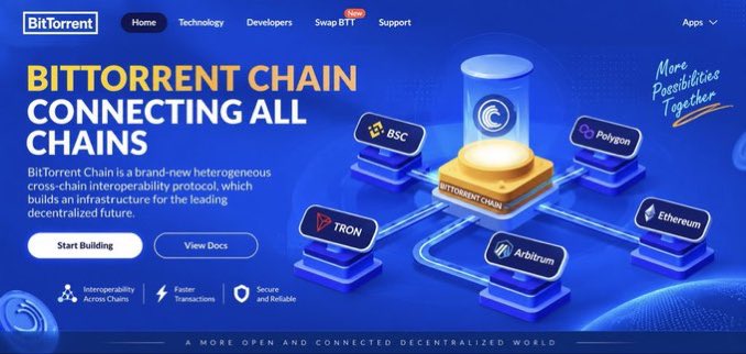 The BitTorrent website advertises 'BitTorrent Chain Connecting All Chains,' illustrating interoperability between BSC, Polygon, Tron, Ethereum, and Arbitrum.