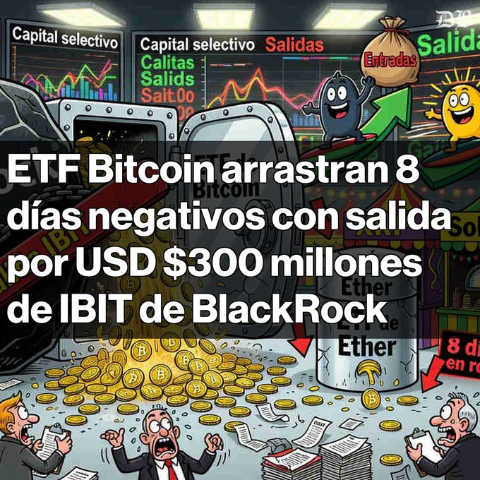 A colorful cartoon illustration depicts panicked investors amid falling market charts, with overflowing vaults of Bitcoin and Ether coins, accompanied by the Spanish headline "ETF Bitcoin arrastran 8 días negativos con salida por USD $300 millones de IBIT de BlackRock." The image visually reinforces the article's message of an 8-day streak of ETF outflows, highlighting the $300.38 million withdrawal from BlackRock's IBIT fund and the broader market pressure on Bitcoin and Ether, while altcoins like XRP and Solana gain interest.