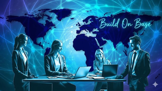 Four business professionals collaborate at a laptop-equipped desk set against a glowing world map and network nodes backdrop, with the neon text "Build On Base" displayed above them, visually reinforcing the post's message of global L2 interoperability and seamless cross-chain asset bridging through the Base network.