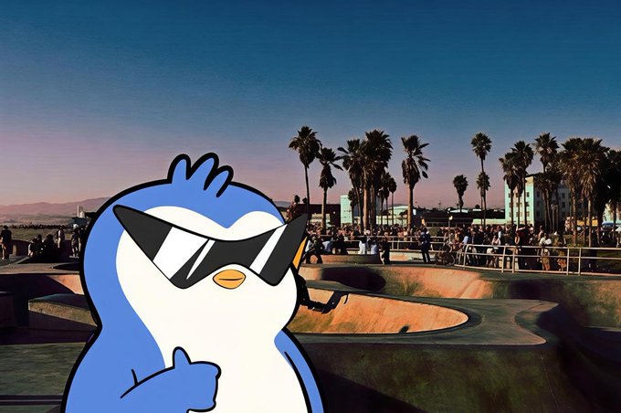 A cartoon penguin wearing black sunglasses gives a thumbs-up in the foreground, set against a sunset view of an outdoor skatepark lined with palm trees.