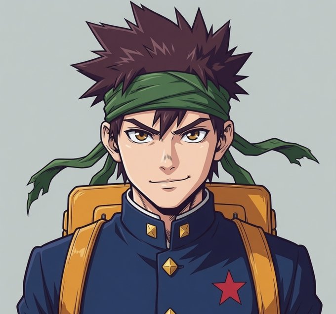 An anime character with spiky brown hair and a green headband wears a blue school uniform with a red star emblem and carries a yellow backpack.