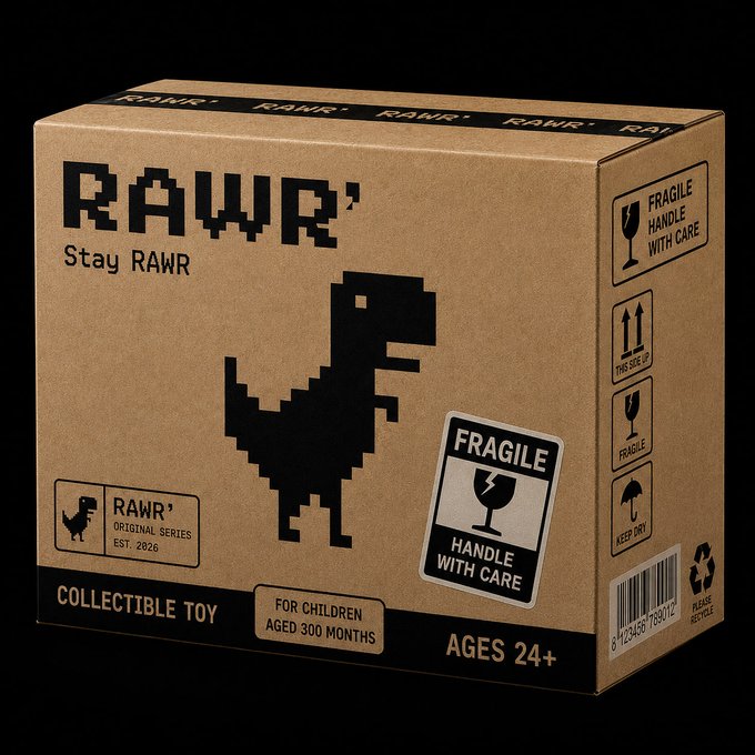 A cardboard product box labeled 'RAWR' with 'Stay RAWR' text, featuring a pixel-art dinosaur silhouette, marked as a 'Collectible Toy' for 'Ages 24+' and 'Children Aged 300 Months,' complete with 'Fragile' and 'Handle with Care' stickers.