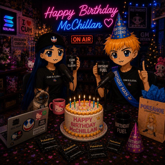Two anime-style hosts celebrate McChillian’s birthday on a neon-lit “Degen Hours” set, with cake, hats, microphones, Solana branding, and signs reading “HAPPY BIRTHDAY McChillian,” “ON AIR,” and “BIRTHDAY FUEL.” The scene promotes PokeAhoe developer McChillian’s special birthday edition of Shill & Chill, scheduled for 7 PM EST.