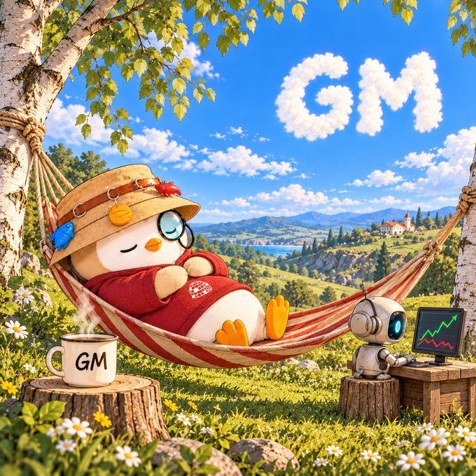 A cute penguin character relaxes in a red-striped hammock wearing a straw hat, beside a steaming 'GM' coffee mug, with a small robot displaying a stock chart and the number '911' written in clouds above.