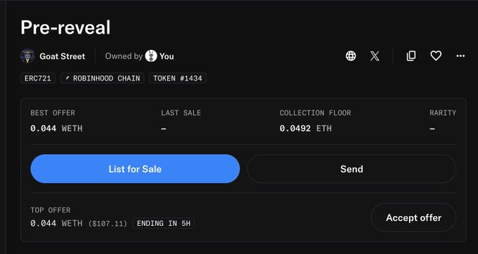 A OpenSea listing page showing a pre-reveal NFT from the "Goat Street" collection (ERC721, Robinhood Chain, Token #1434) owned by the user, with a best offer of 0.044 WETH ($107.11) and a collection floor of 0.0492 ETH, ending in 5 hours. The image relates to the post by showing a Robinhood Chain NFT listing, contextualizing the poster's interest in Robinhood's potential launchpad and tokenization efforts.