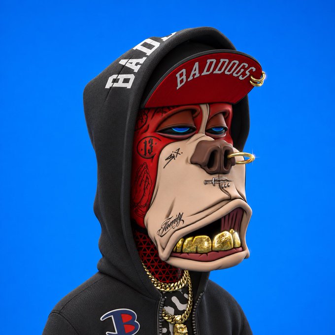 This image displays a 3D-rendered anthropomorphic dog character with a gritty, street-style aesthetic, featuring gold teeth, a nose ring, and facial tattoos like "13" and "Family," while wearing a black hoodie and a red cap emblazoned with "BADDOGS."