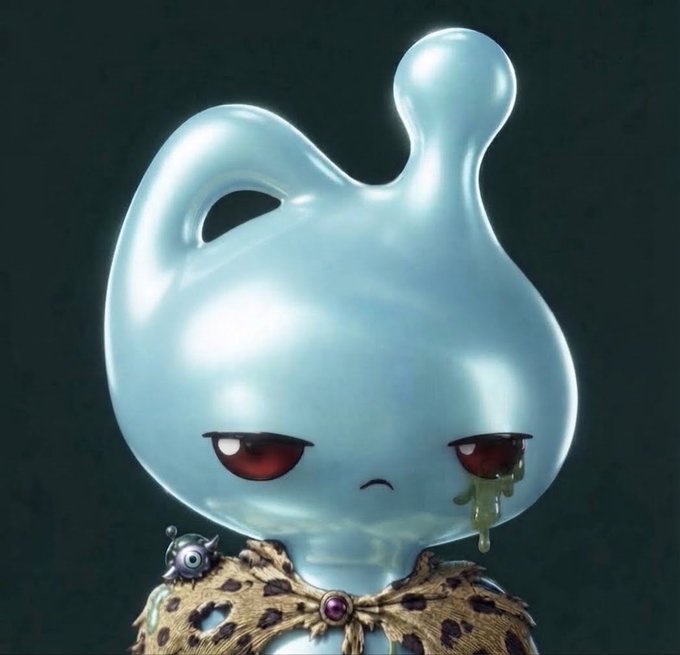 A translucent, blue, ghost-like digital character with red eyes and an angry expression, featuring green drool and wearing a tattered scarf.