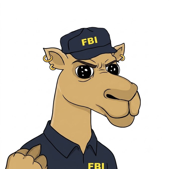 A cartoon camel wearing a navy blue FBI cap and shirt, both labeled "FBI" in yellow text, with the tagline "gm frens no crime on my watch" playfully casting the meme character as a vigilant crime-fighting agent.