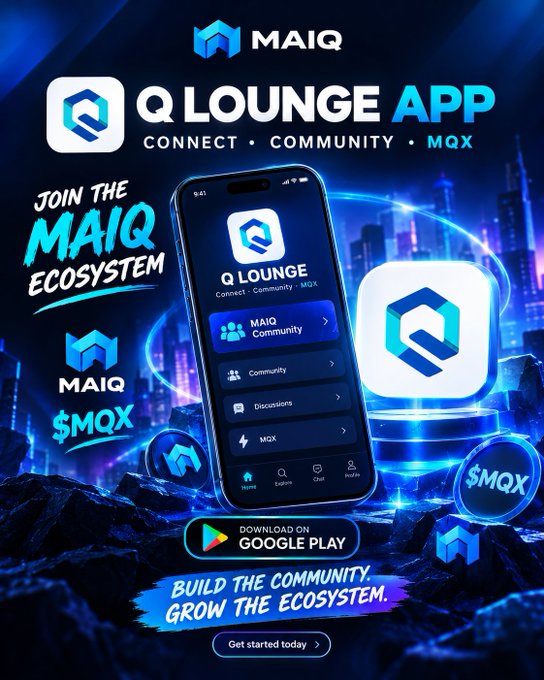 A promotional graphic for the 'MAIQ Q LOUNGE APP' featuring a smartphone displaying the app interface, with text 'JOIN THE MAIQ ECOSYSTEM' and a Google Play download button.